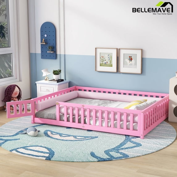 Bellemave Queen Size Floor Bed with Door and Fence Floor Bed with Bed Slats Sturdy Wood Floor Bed Montessori Bed Frame(Queen, Pink)