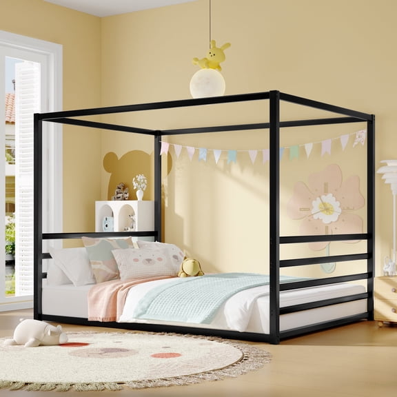 Bellemave Queen Size Floor Bed Frame with 4-Poster and Headboard Metal Floor Canopy Bed Montessori Bed for  Adult(Queen, Black without Wardrobe)