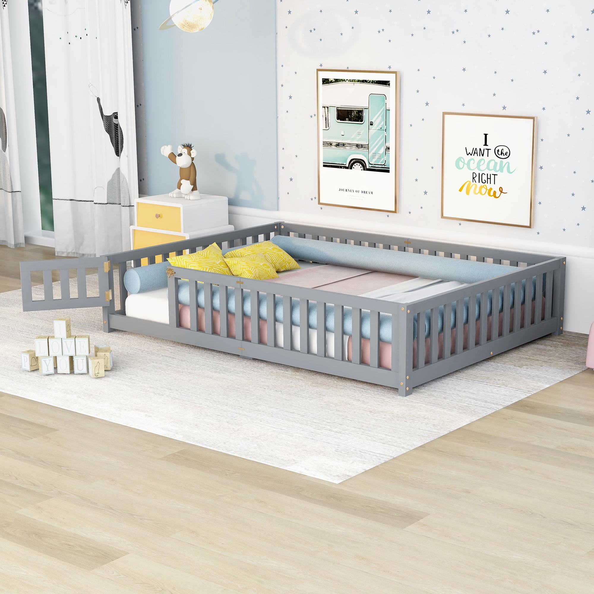 Bellemave Queen Size Floor Bed Frame with FenceGuardrails & Lookable