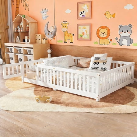 Montessori Bed with Rails, Queen Size Floor Bed with Door & Slats Support, Wood Playhouse Bed with Fence, No Box Spring Needed,White