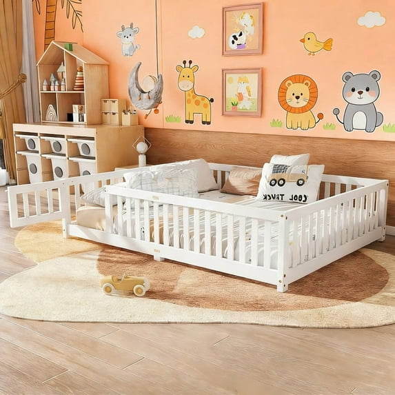 Montessori Bed with Rails, Queen Size Floor Bed with Door & Slats Support, Wood Playhouse Bed with Fence, No Box Spring Needed,White