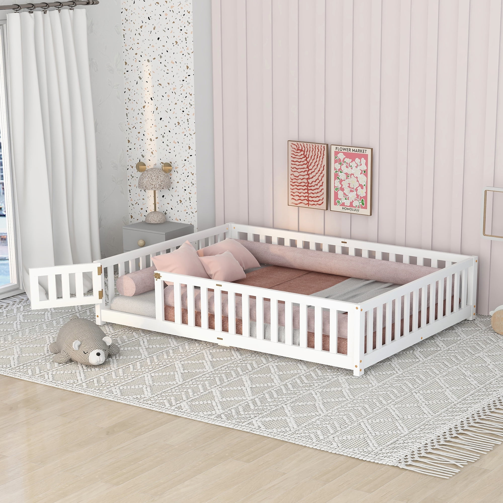 Bellemave Queen Size Floor Bed Frame with FenceGuardrails & Lookable