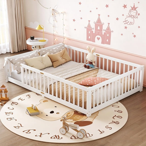 Bellemave Montessori Bed with Rails, Queen Size Floor Bed with Door & Slats Support, Wood Playhouse Bed with Fence, No Box Spring Needed, White