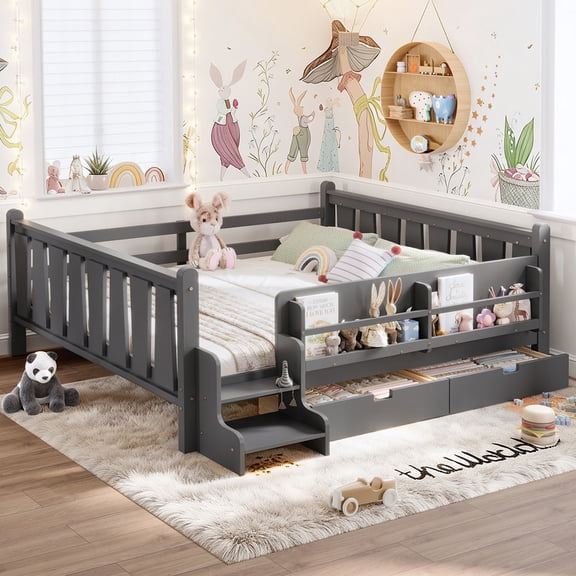 Bellemave Queen Size Floor Bed with Guardrails and Storage, Low Profile Montessori Bed Frame with Drawers, Bookcases and Stairs, Solid Wood Kids Beds with Slats, No Box Spring Needed (Gray)
