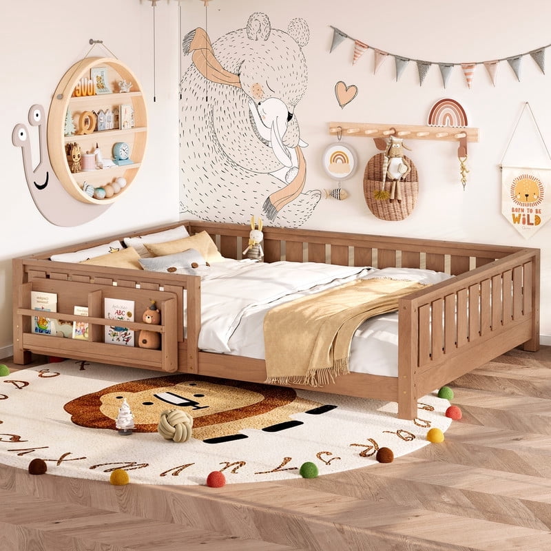 Bellemave Queen Size Floor Bed with Bookshelf, Wood Montessori Beds with Slats and Safety Guardrail, Low Profile Queen Bed Frame with Fence, No Box Spring Needed (Natural)