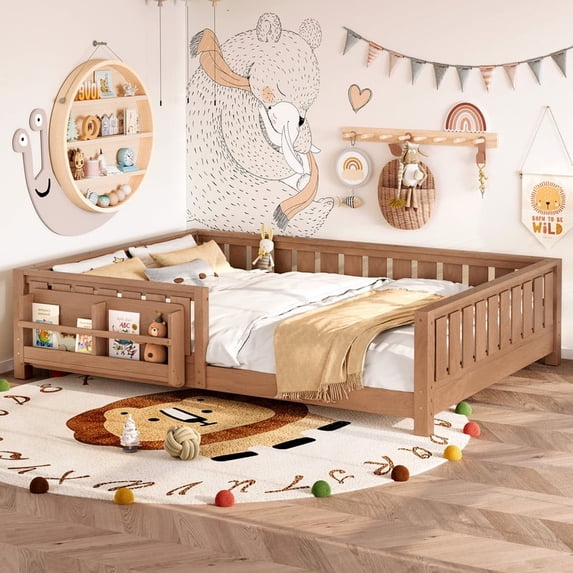 Bellemave Queen Size Floor Bed with Bookshelf, Wood Montessori Beds with Slats and Safety Guardrail, Low Profile Queen Bed Frame with Fence, No Box Spring Needed (Natural)