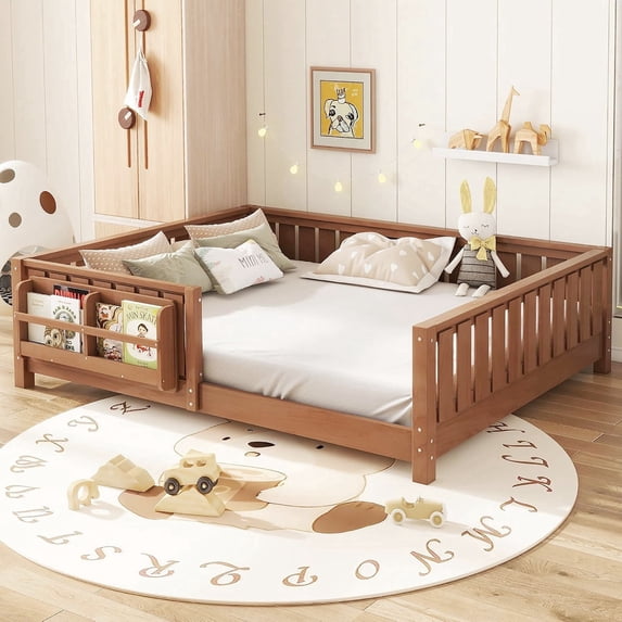 Bellemave Queen Size Floor Bed with Bookshelf, Wood Montessori Beds with Slats and Safety Guardrail, Low Profile Queen Bed Frame with Fence, No Box Spring Needed (Dark Natural)