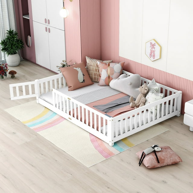 Bellemave Queen Size Floor Bed for Kids, Wood Toddler Floor Bed with