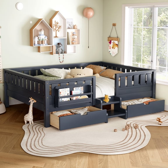 Bellemave Queen Size Floor Bed with Built-in Bookshelves and Storage Drawers, Wood Montessori Floor Bed frame with Safety Staircase and Rails, Blue