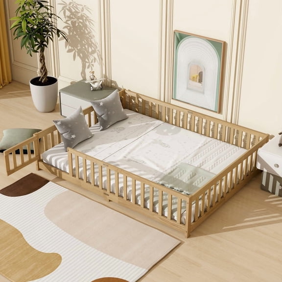 Bellemave Queen Size Floor Bed with Slats and Door, Montessori Floor Bed with Safety Guardrails, Wood Queen Floor Bed with Fence for Bedroom, Natural