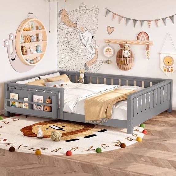 Bellemave Queen Size Floor Bed with Bookshelf, Wood Montessori Beds with Slats and Safety Guardrail, Low Profile Queen Bed Frame with Fence, No Box Spring Needed (Gray)