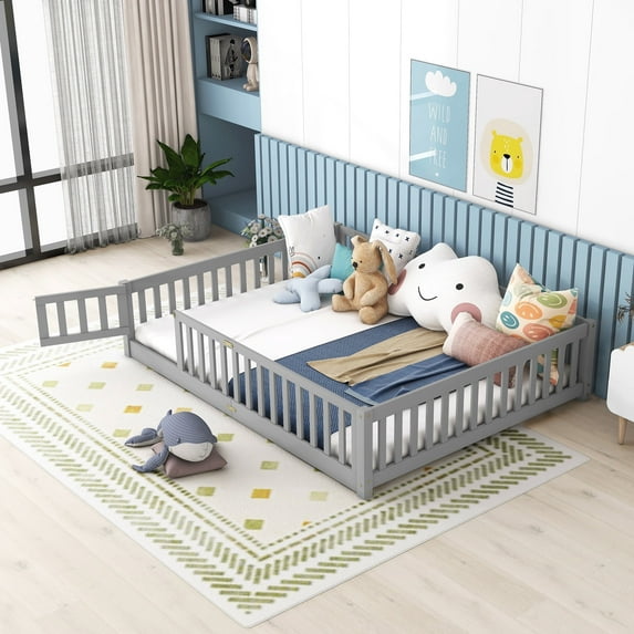 Bellemave Queen Size Floor Bed for Kids, Wood Toddler Floor Bed with Fence Railings & Support Slats, Montessori Floor Bed for Boys Girls,Gray