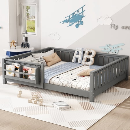 Bellemave Queen Size Floor Bed with Bookshelf, Wood Montessori Beds with Slats and Safety Guardrail, Low Profile Queen Bed Frame with Fence, No Box Spring Needed (Gray)