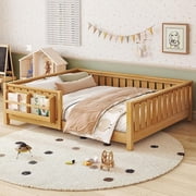 Bellemave Queen Size Floor Bed with Bookshelf, Wood Montessori Beds with Slats and Safety Guardrail, Low Profile Queen Bed Frame with Fence, No Box Spring Needed Light Natural