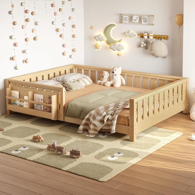 Bellemave Queen Size Floor Bed with Bookshelf, Wood Montessori Beds with Slats and Safety Guardrail, Low Profile Queen Bed Frame with Fence, No Box Spring Needed (Light Natural)
