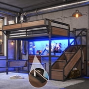 Bellemave Queen Size Gaming Loft Bed with Desk, Metal Loft Bed Frame with Power Outlet, LED Lights, Pegboard, Mesh Storage Baskets, High Loft Beds with Storage 