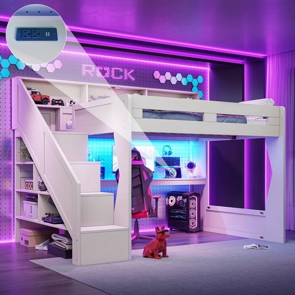 Bellemave Queen Size Gaming Loft Bed with Desk, Wood Loft Bed Frame with Storage Stairs, Open Headboard Shelves, LED Light & USB Charging, House‑Shaped Cutout Elevated Loft Bed for Child Teen, Beige