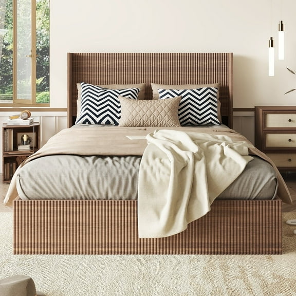 Bellemave Queen Size Gas Lift Up Storage Platform Bed Frame Queen Wooden Platform Bed with Wing Back and Convex Groove Headboard, No Box Spring Needed, Walnut Brown Color