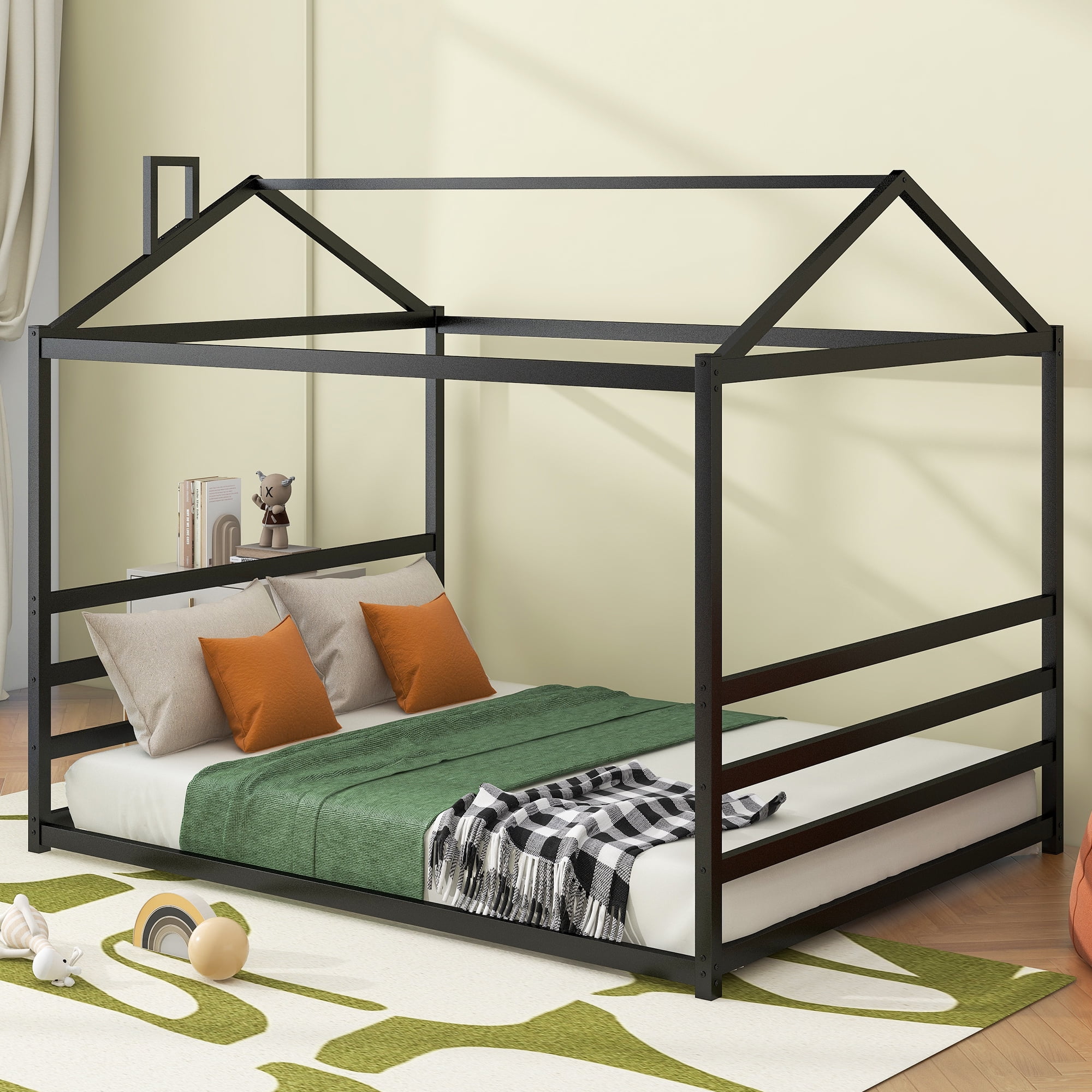 Bellemave Queen Size House Bed, Metal Montessori Floor Beds with