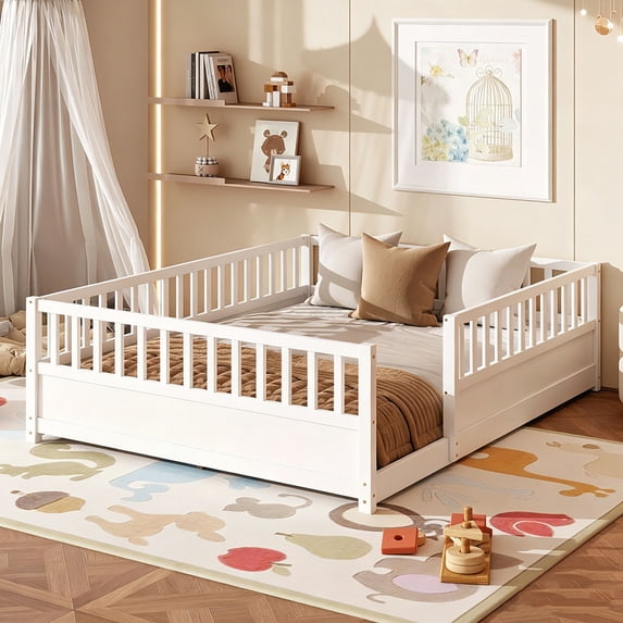 Bellemave Queen Size Floor Bed, Queen Montessori Bed Frame with High Fence Rails, Solid Wood Queen Beds Frame, Easy Assembly Platform Beds,White