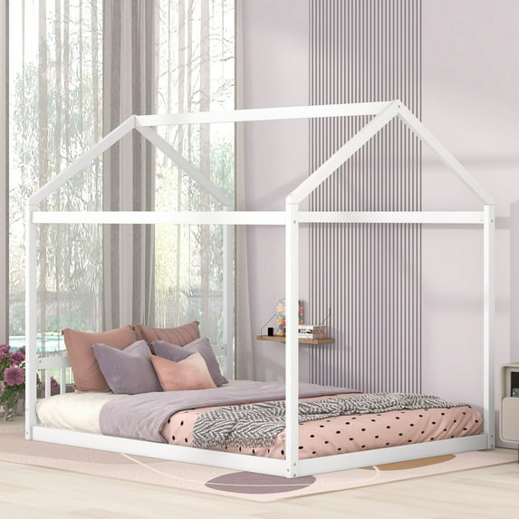 Bellemave Queen Size House Bed, Wood Montessori Floor Beds with Headboard Frame, No Box Spring Needed (Gray)