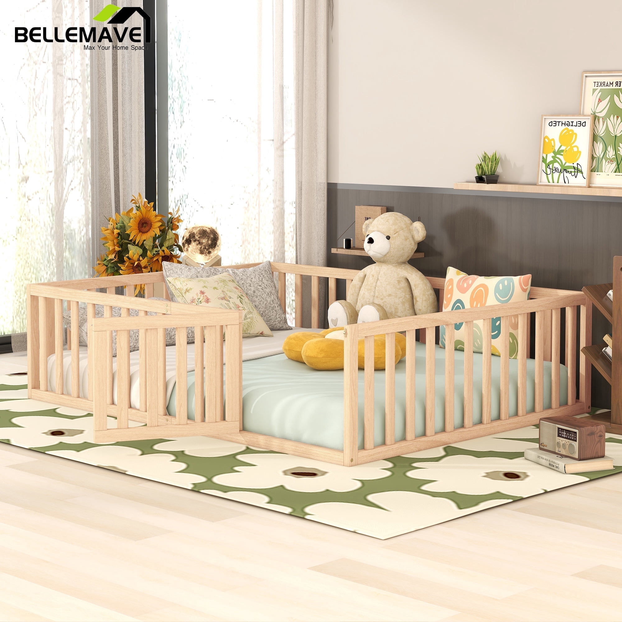 Bellemave Queen Size  Floor Bed with Fence and Door, Wood Montessori Bed Frame, Floor Bed Frame, Slats Not Included (Queen,Natural)