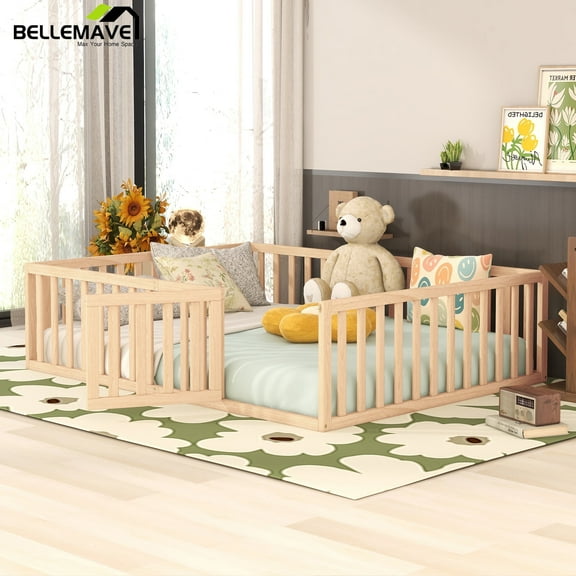 Bellemave Queen Size Floor Bed with Fence and Door, Wood Montessori Bed Frame, Floor Bed Frame, Slats Not Included (Queen,Natural)