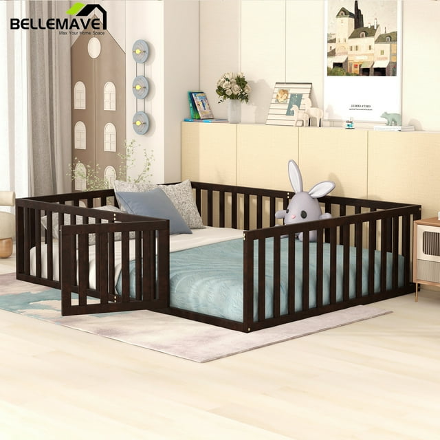 Bellemave Queen Size Kids Floor Bed with Fence and Door, Wood