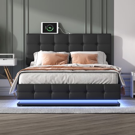 Bellemave Queen Size LED Platform Bed with Hydraulic Storage System and USB Charger,Solid Wooden Slat Support, No Box Spring Needed(Black)