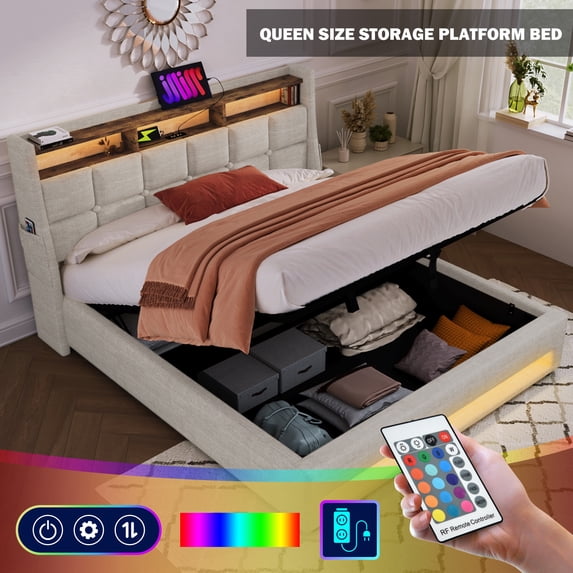 Bellemave Queen Size Linen Upholstered Platform Bed with Hydraulic Storage System and Storage Headboard Wooden Storage Bed Frame with LED Lights and USB Charging (Queen, Natural Beige)