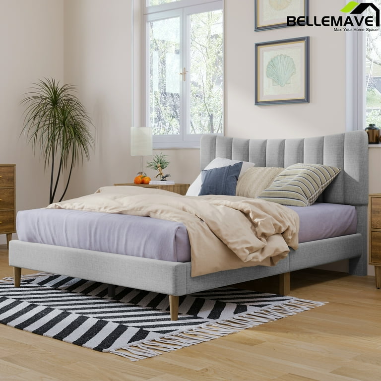Bellemave Queen Size Linen Upholstered Platform Bed with Vertical Channel Tufted Headboard Modern Queen Bed Frames with Wood Slats Support Gray Queen