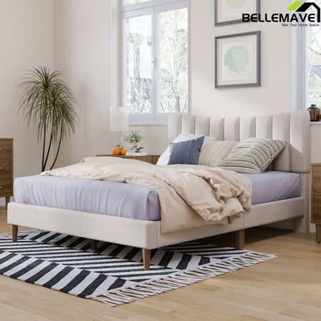 Bellemave Queen Size Linen Upholstered Platform Bed with Vertical Channel Tufted Headboard,Modern Queen Bed Frames with Wood Slats Support(Cream,Queen)