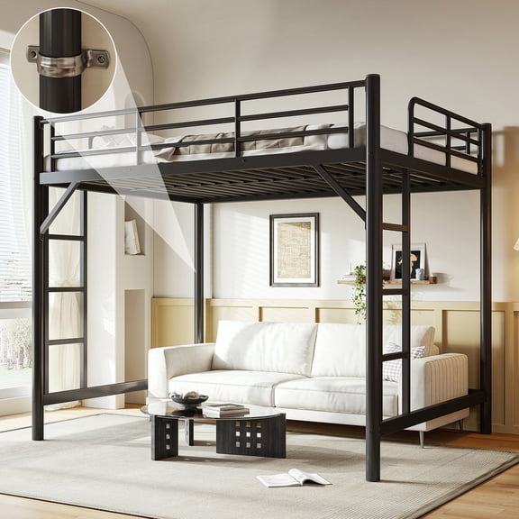 Bellemave Queen Size Loft Bed with 2 Ladder, Metal Loft Bed Frame with Guardrails for Kids and Teens, Heavy Duty Metal Slat Support, 52’’Under Bed Space, No Box Spring Required,Black