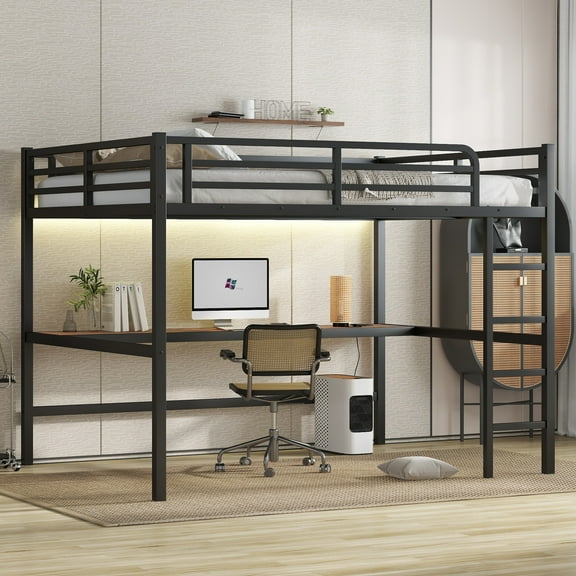 Bellemave Queen Size Loft Bed with Desk and LED Light Modern Metal Loft Bed with Power Outlet and Guardrails Space Saving Loft Bed Frame for Kids, Teens, Adult (Queen, Black)