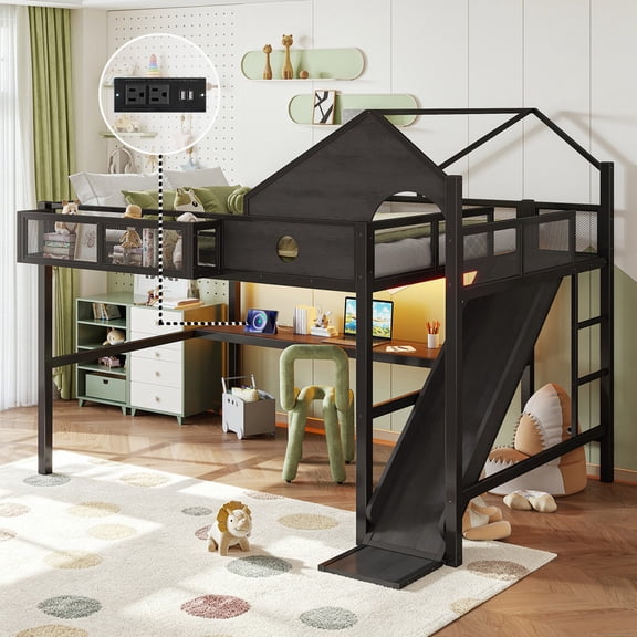 Bellemave Queen Size Loft Bed with Desk and Slide, House-Shaped Metal Frame with Charging Station & LED Light, Space-Saving Kids Loft Beds with Ladder, No Box Spring Need - Black