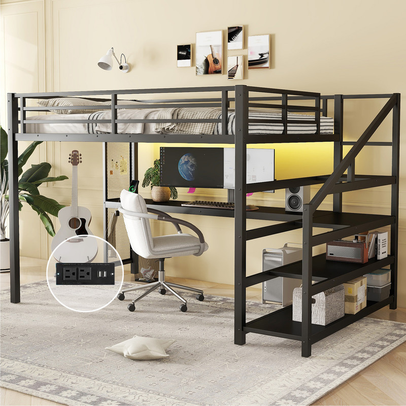 Bellemave Queen Size Loft Bed with Desk and Stairs, Heavy Duty Gaming ...