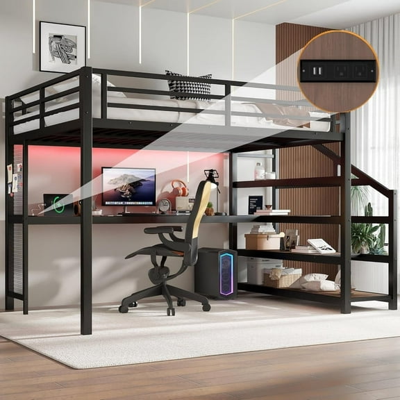 Bellemave Queen Size Loft Bed with Desk and Stairs,Metal Loft Bed Frame with LED Lights & USB Ports, Heavy Duty Adult Queen Loft Bed for Bedroom（Black)