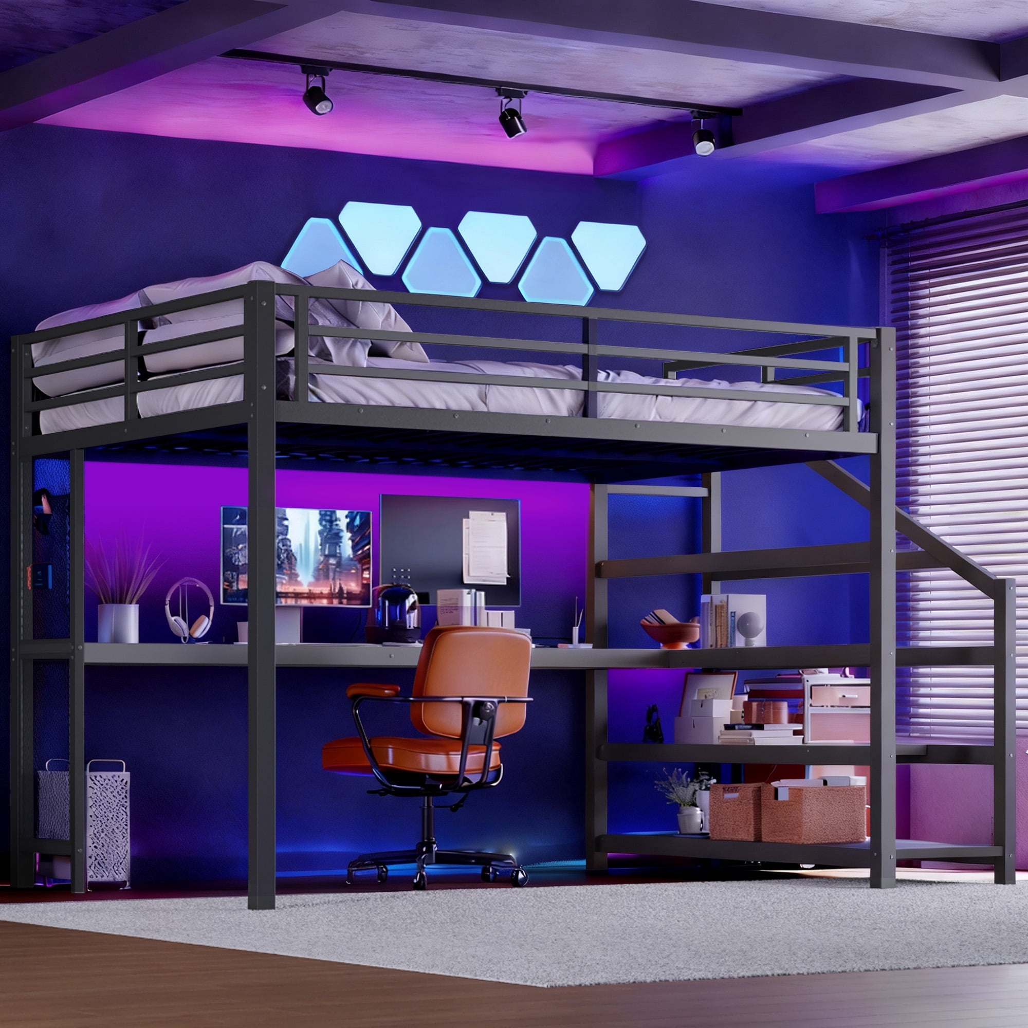 Bellemave Queen Size Loft Bed with Desk and Stairs, Metal Loft Bed ...