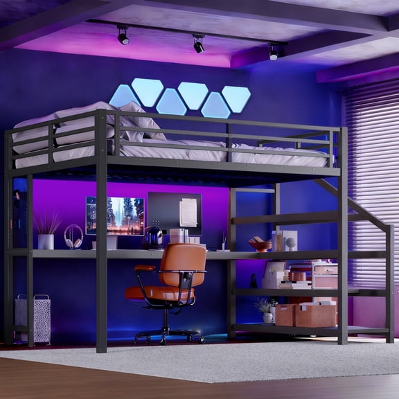 Bellemave Queen Size Loft Bed with Desk and Stairs, Metal Loft Bed Queen Size with USB Charging Station and LED Light, Gaming Loft Bed Frame with Iron Net for Teens Adults, Black