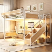 Bellemave Queen Size Loft Bed with Desk, Stairs and Wardrobe, Metal Gaming Loft Beds with Beside Shelf & Pegboard and LED Light, Heavy Duty High Loft Bed with USB Ports, No Box Spring Required, White