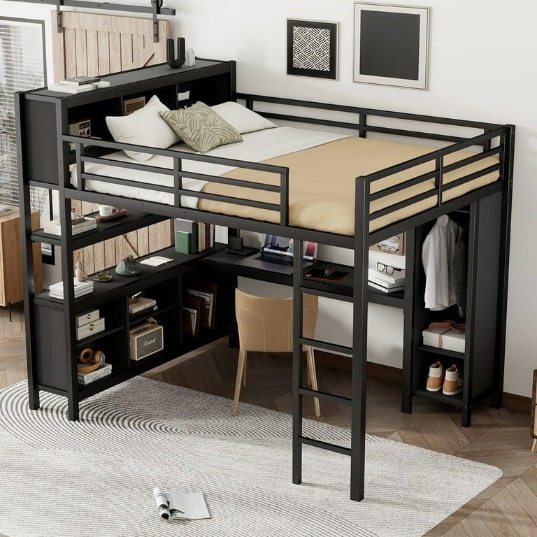 Bellemave Queen Size Loft Bed with Desk and Storage, Metal Loft Bed Frame  with Wardrobe, Storage Cubes and Shelves, Space Saving Queen Loft Bed with  Guardrails for Teens, Adult, Black - Walmart.com