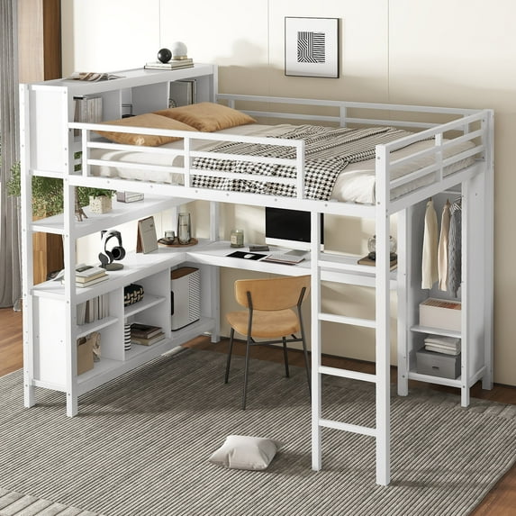 Bellemave Queen Size Loft Bed with Desk and Storage, Metal Loft Bed Frame with Wardrobe, Storage Cubes and Shelves, Space Saving Queen Loft Bed with Guardrails for Teens, Adult, Off White