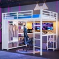 thumbnail image 1 of Bellemave Queen Size Loft Bed with Desk and Wardrobe, Metal Game Loft Beds Frame with Storage Shelves, Space Saving High Loft Bed with Hanging Rod for Bedroom(White), 1 of 8