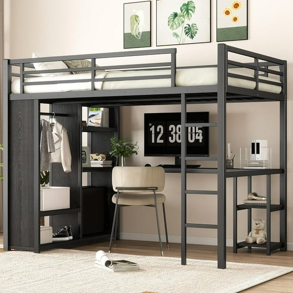 Bellemave Queen Size Loft Bed with Desk and Wardrobe Metal Loft Bed with Storage Shelves Loft Bed Frame with Guardrails for Kids, Teens, No Box Spring Needed (Queen, Black)