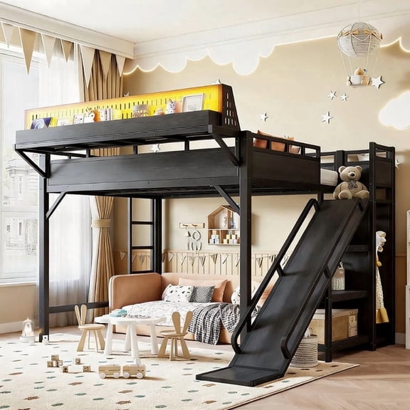Bellemave Queen Size Loft Bed with Slide, LED Lights and USB Port, Heavy Duty Metal Loft Bed Frame with Storage Shelves and Built-in Wardrobe, Tall Lofts with Under Bed Space for Room,Black