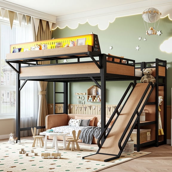 Bellemave Queen Size Loft Bed with Slide, LED Lights and USB Port, Heavy Duty Metal Loft Bed Frame with Storage Shelves and Built-in Wardrobe, Tall Lofts with Under Bed Space for Room,Natural