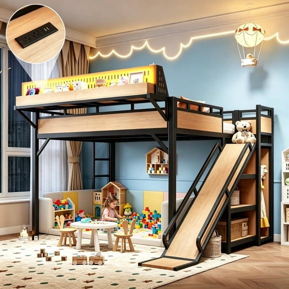 Bellemave Queen Size Loft Bed with Slide, Metal Loft Beds with Storage Shelves, Bulit-In Wardrobe for Teens, Gaming Loft Bed Frame with USB Ports, LED Lights, Pegboard for Bedroom, Dorm, Natural Loft