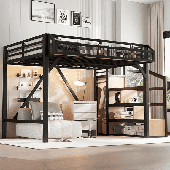 Bellemave Queen Size Loft Bed with Stairs and Storage Wardrobe, Metal Loft Beds Frame with USB Ports and LED Lights,Game Loft Bed Queen with Large Under-Bed Space, Easy Assembly(Natural Wood +Black)
