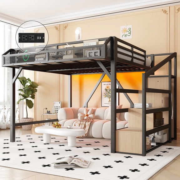 Bellemave Queen Size Loft Bed with Stairs and Wardrobe, Metal Gaming Loft Bed Frame with Charging Station & LED Light, Heavy-Duty Loft Beds with Beside Shelf for Teens Adults (Natural)