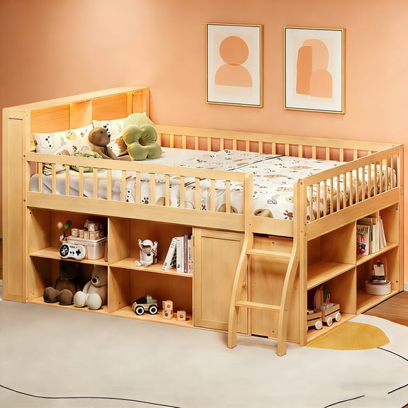 Bellemave Queen Size Loft Bed with Storage and Headboard LED Light, Wooden Low Loft Bed with Bookshelf, Space-Saving Loft Beds Frame with Cabinet for Small Bedroom, No Box Spring Needed,Natural